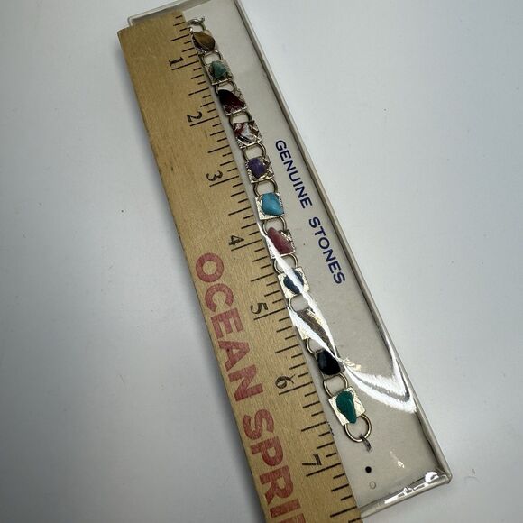 Vintage Metal Panel Link Bracelet With Genuine Natural Stone Nuggets New - Picture 6 of 6